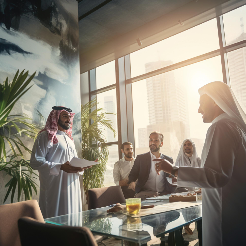 اجتماع أعمال لرجال أعمال سعوديين في مكتب حديث يطل على أفق المدينة
